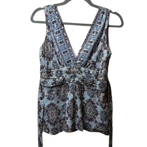 Alice & Trixie Silk Blue Purple & Gold Tank Top with tie. Size Small